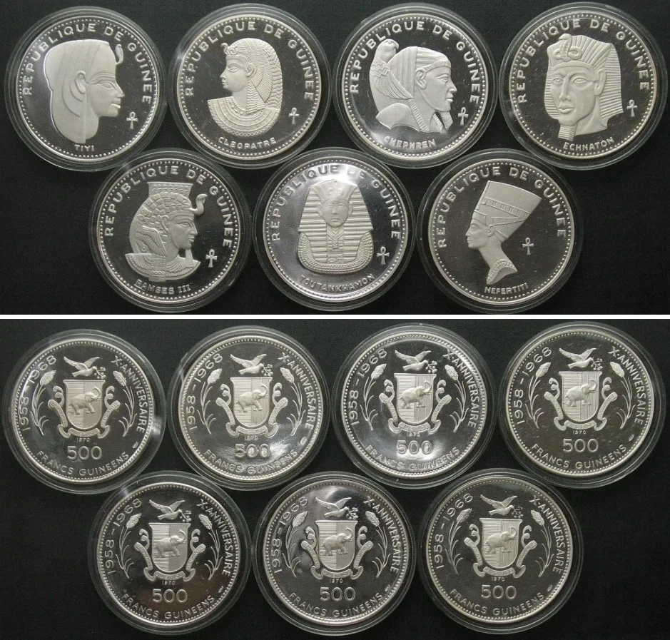 1970 GUINEA. Full Set 7 x 500 Francs 1970 ANCIENT EGYPT - PHARAOH SERIES silver Proof