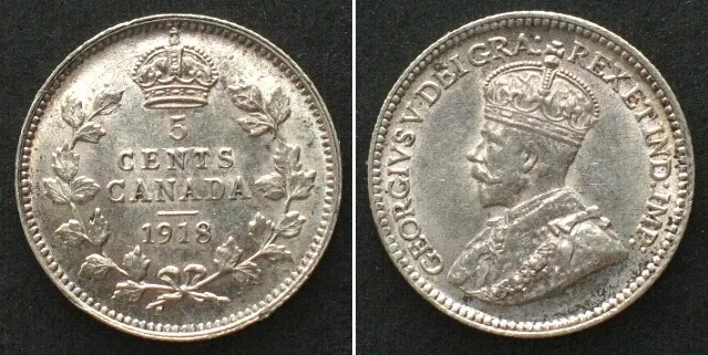 1918 CANADA. 5 Cents 1918, GEORGE V silver UNC!