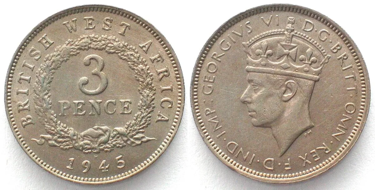1945 BRITISH WEST AFRICA 3 Pence 1945 H, GEORGE VI, Cu-Ni, UNC-!