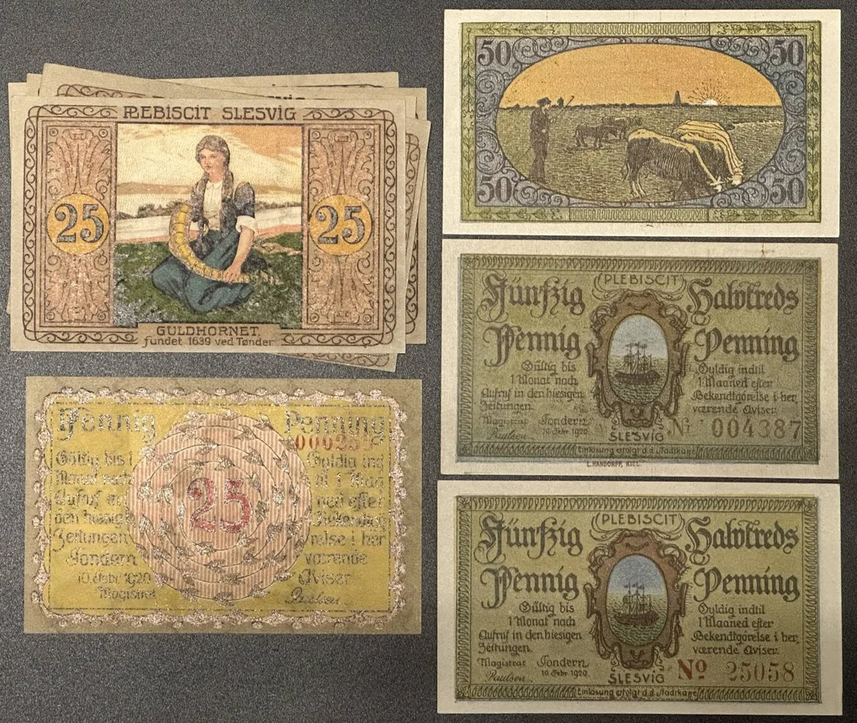 1920 GERMAN. Notgeld. TONDERN 6 x 25 Pfennig & 3 x 50 Pfennig 1920 UNC