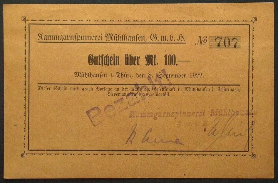 1922 German Private Notgeld KAMMGARNSPINNEREI MÜHLHAUSEN GmbH 100 Mark 1922 AU