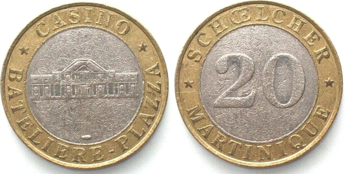 1980 MARTINIQUE. 20 Francs ND, SCHOELCHER - CASINO BATELIERE PLAZZA bi-metallic VF-XF