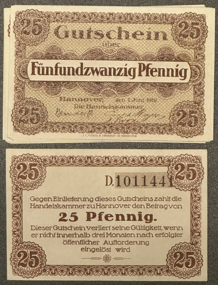 1919 GERMANY. Notgeld. HANNOVER. 13 x 25 Pfennig 1919, 3 different varieties! UNC