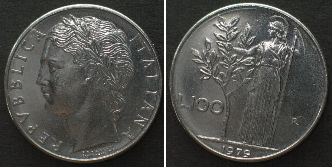 1979 ITALY. 100 Lire 1979, steel, die rotation mint error, UNC