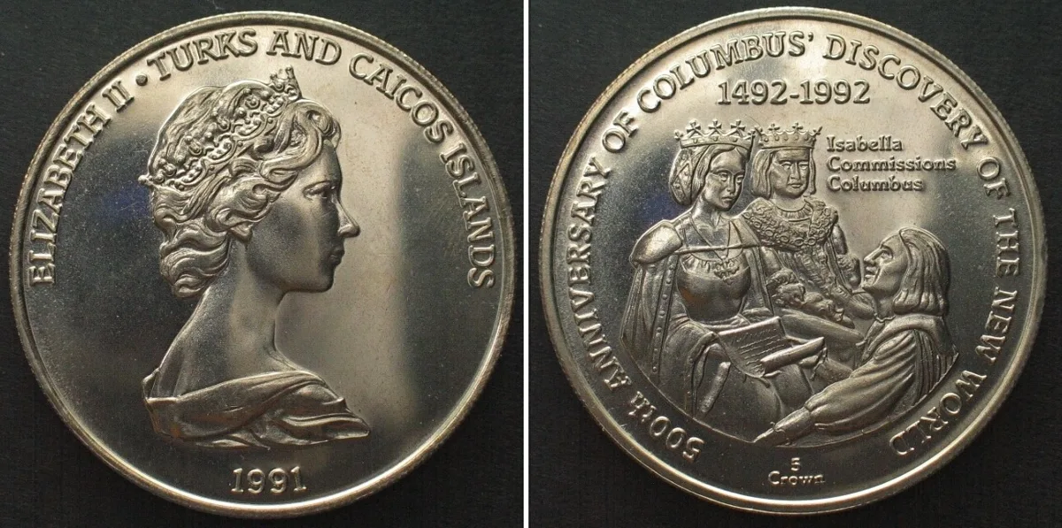 1991 TURKS & CAICOS 5 Crowns 1991, Columbus with Ferdinand and Isabella, Cu-Ni UNC