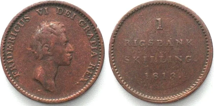1813 DENMARK. Rigsbankskilling 1813, FREDERIK VI copper VF