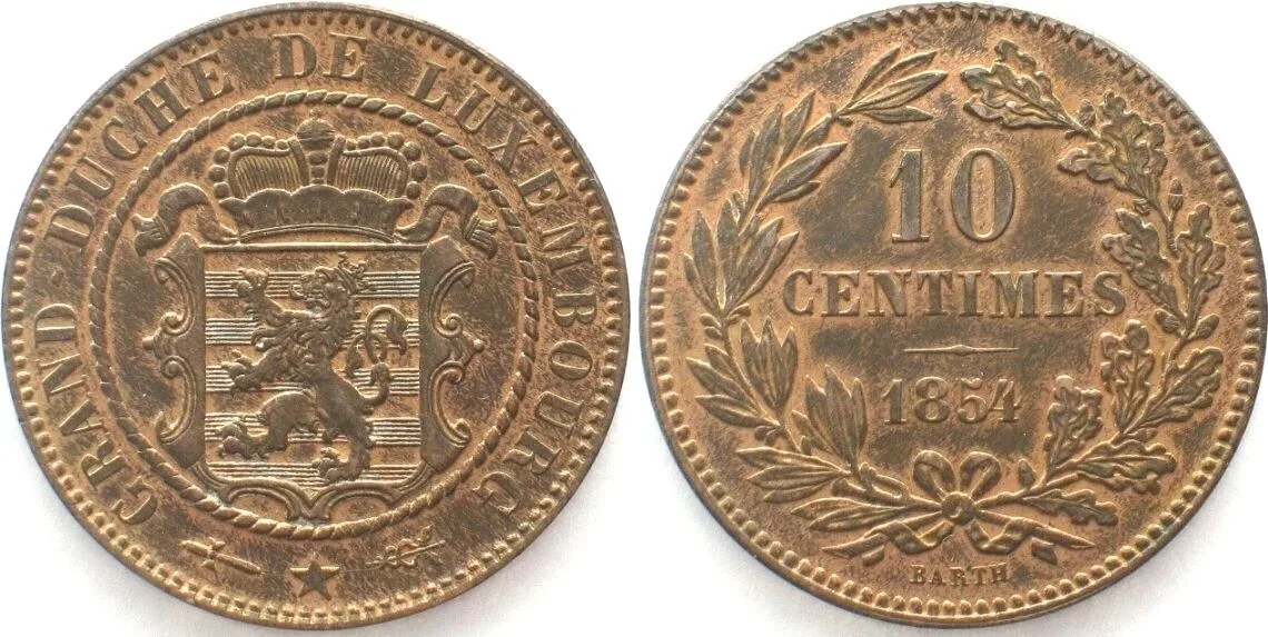 1854 LUXEMBOURG 10 Centimes 1854 WILLEM III bronze AU!
