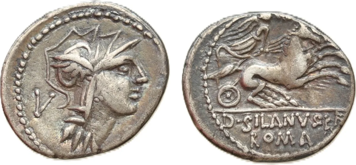 Roman Republic - D. Junius L.f. Silanus silver denarius (3.83 g. 19 mm.)