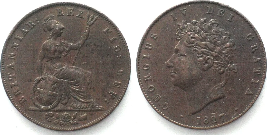 1827 GREAT BRITAIN. Half Penny 1827, GEORGE IV, copper AU! VF