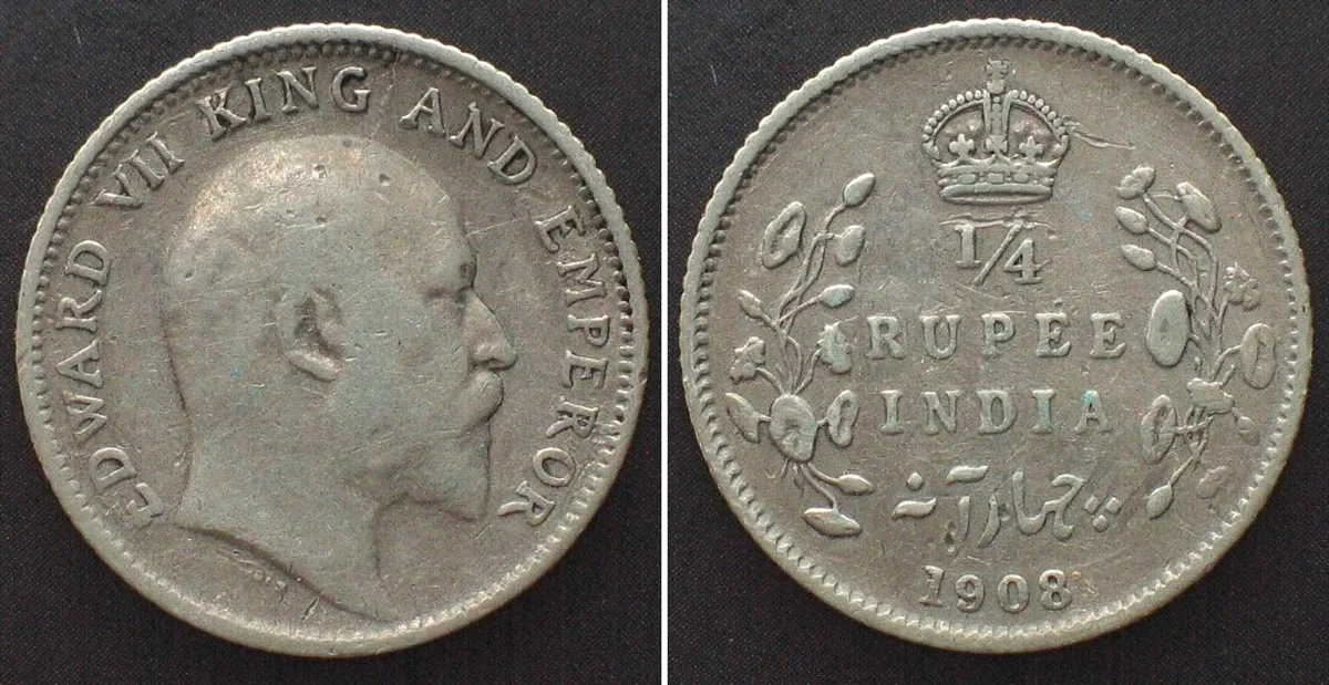 1908 BRITISH INDIA 1/4 Rupee 1908 EDWARD VII silver VF+