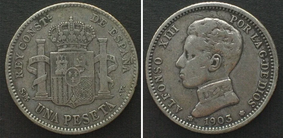 1903 SPAIN. Peseta 1903 SM-V, ALFONSO XIII, silver VF+