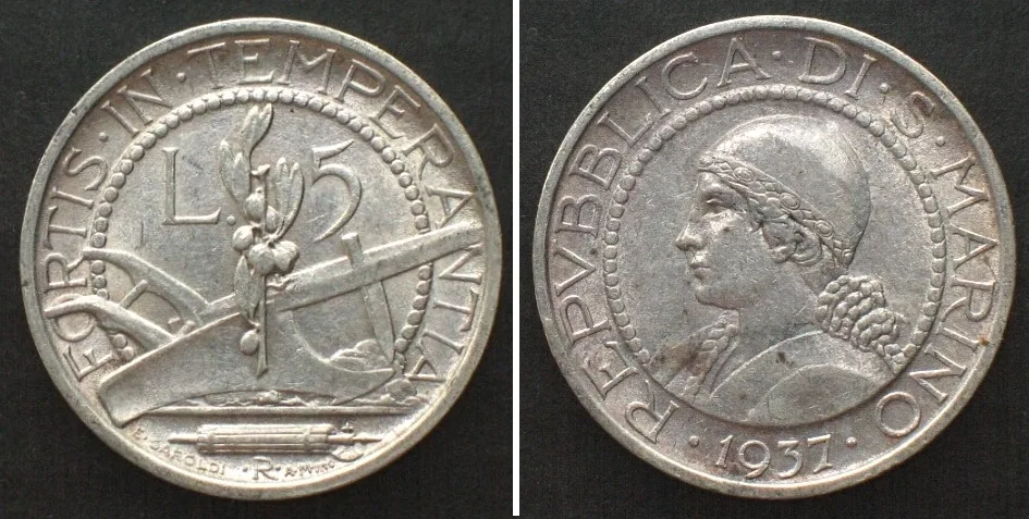 1937 SAN MARINO. 5 Lire 1937, silver UNC! UNC-