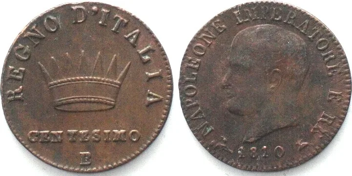 1810 Italy KINGDOM of NAPOLEON 1 Centesimo 1810 B, Bologna mint, copper, AU!
