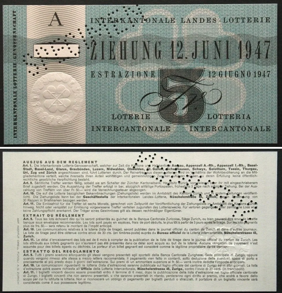 1947 Swisslos INTERKANTONALE LANDES-LOTTERIE - SPECIMEN 5 Francs 1947 RARE! UNC