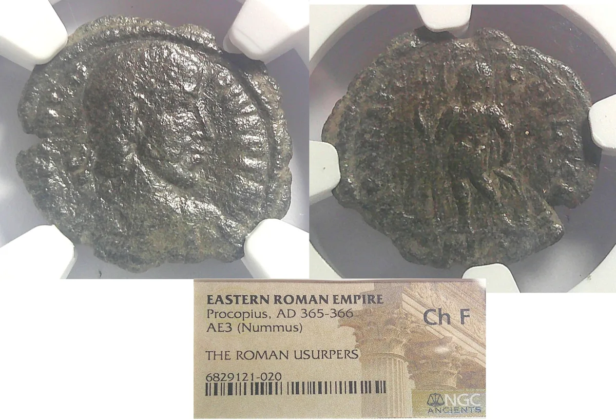 EASTERN ROMAN EMPIRE Procopius AD 365-366 AE3 (Nummus) NGC Ch F