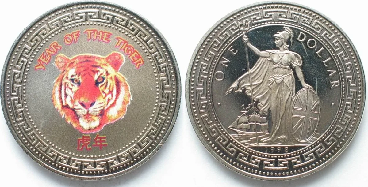 1998 GREAT BRITAIN Trade Dollar 1998 YEAR OF THE TIGER colored Cu-Ni Proof