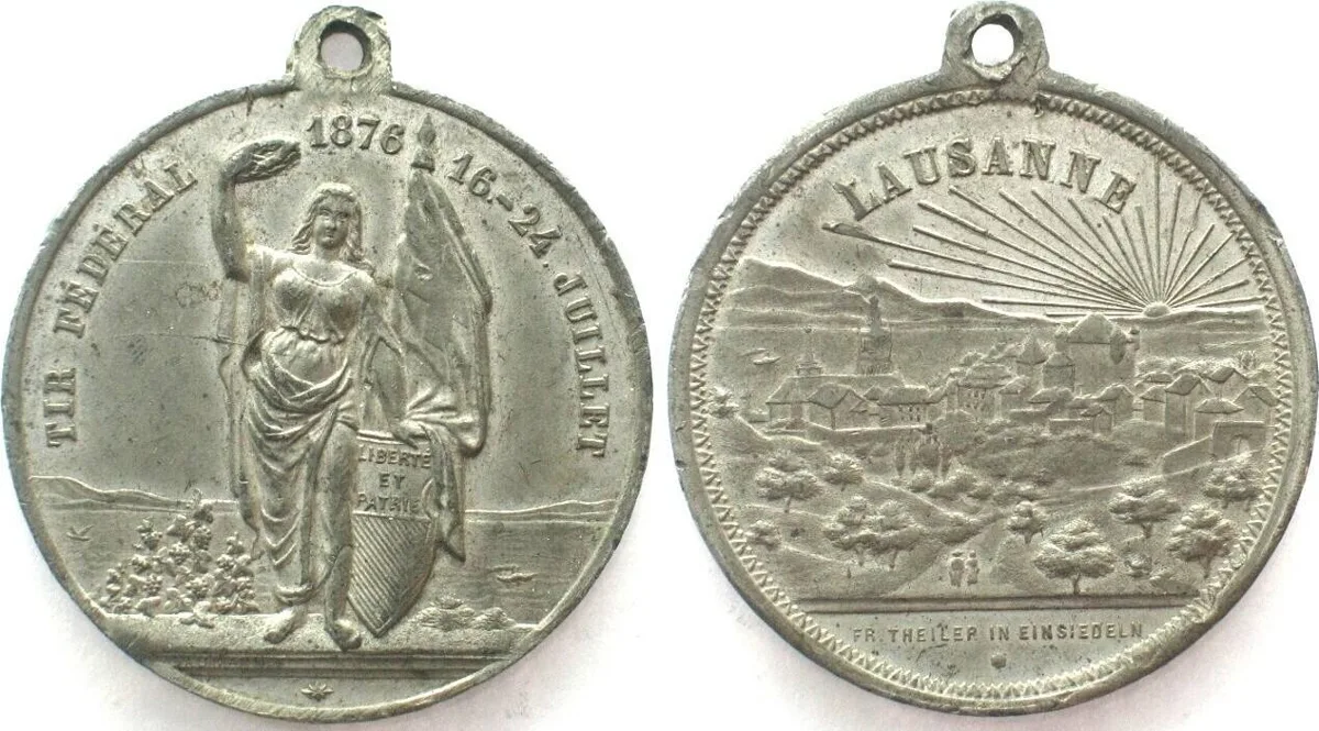 1876 LAUSANNE 1876 SHOOTING FESTIVAL Medal white metal by Theiler & Naumann 37mm AU