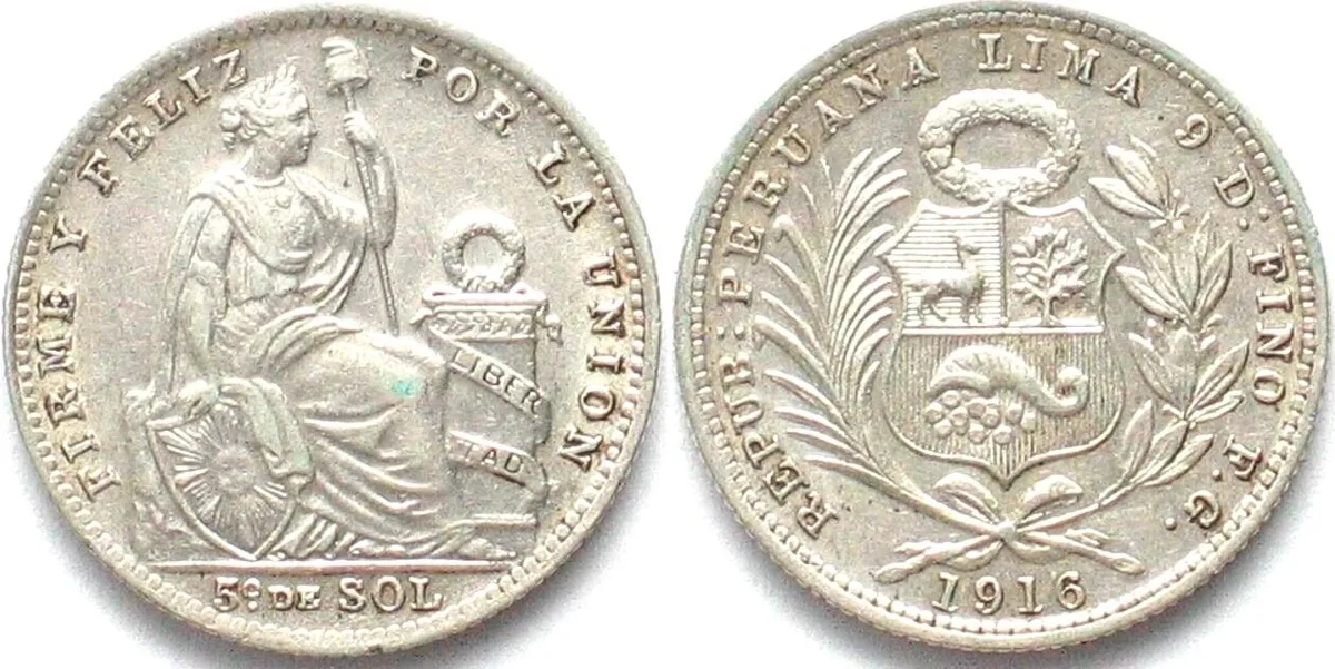 1916 PERU 1/5 Sol 1916 FG silver Prooflike early strike! Prooflike