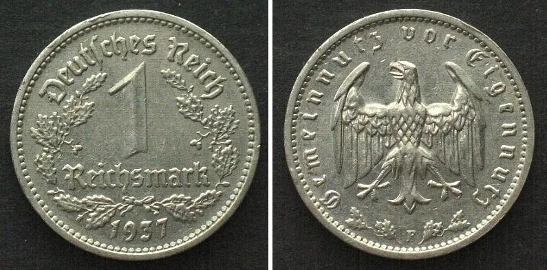 1 Reichsmark 1937 Germany THIRD REICH 1 Reichsmark 1937 F, nickel, AU!