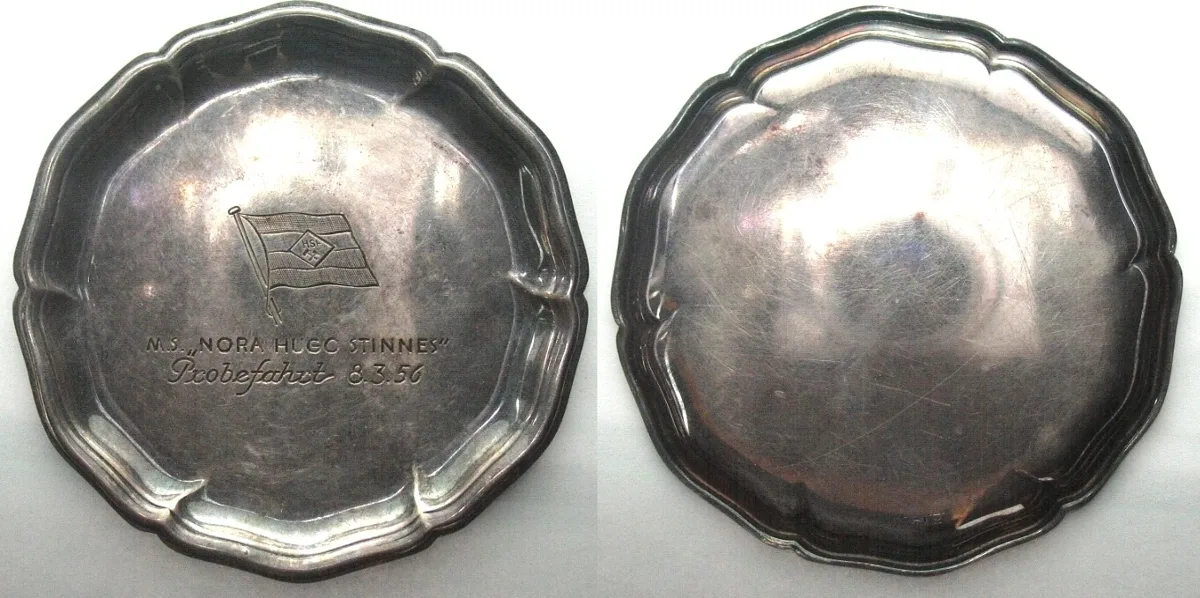 1956 M.S. NORA HUGO STINNES - TRIAL TRIP 8.3.56, ashtray, silver, RARE! EF