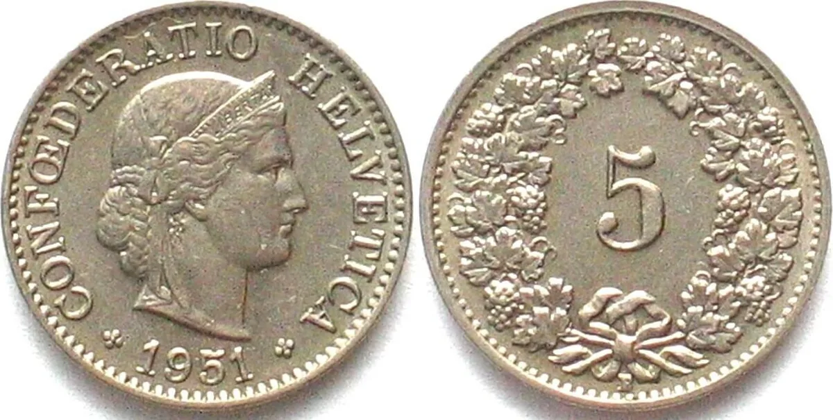 1951 SWITZERLAND 5 Rappen 1951 Cu-Ni UNC!!!