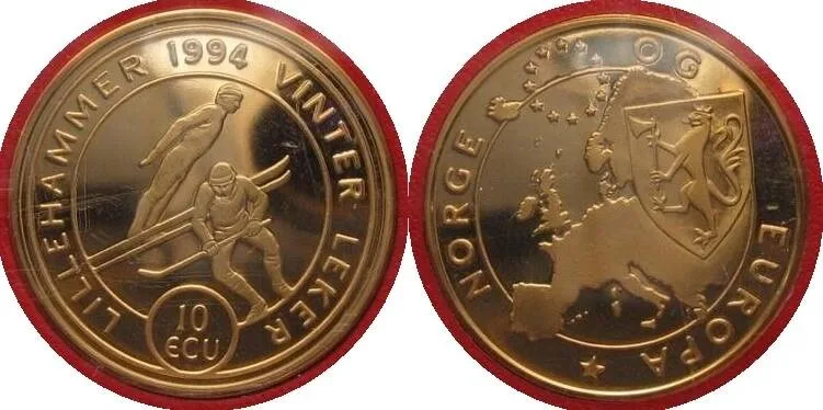 1994 NORWAY 10 Ecu 1994 LILLEHAMMER TRIAL STRIKE in brass Proof SCARCE # 96801 Proof