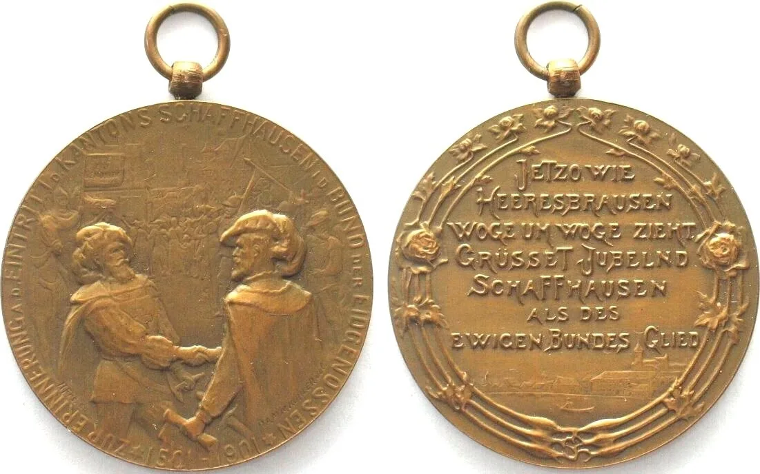 1901 SCHAFFHAUSEN 400 YEARS IN THE SWISS CONFEDERATION Bronze 35mm AU