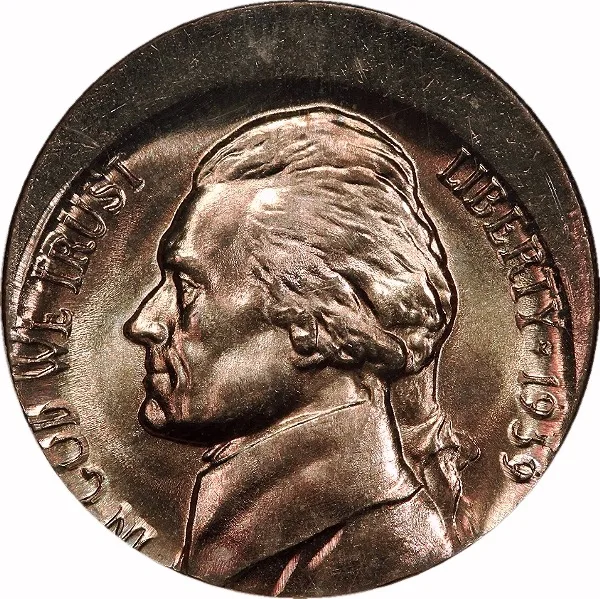 Jefferson Nickel, 1939, Struck 25% Off Center, 5¢, MS64 FS, NGC