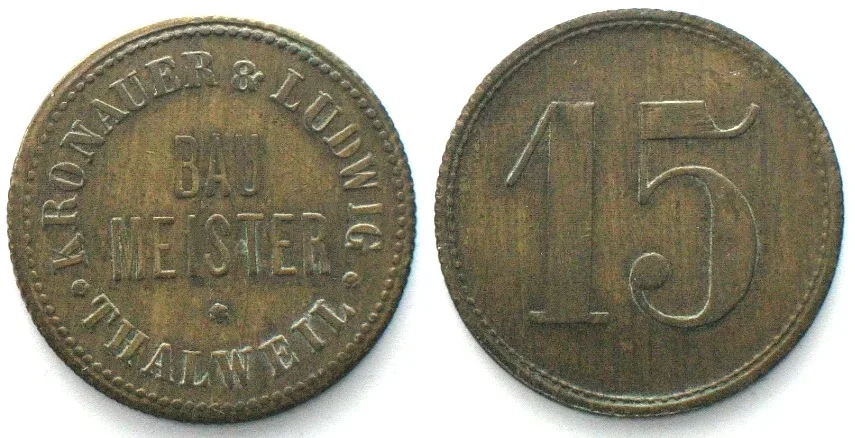 1900 RRR!!! THALWEIL 15 Rappen ND (ca.1900) KRONAUER & LUDWIG, brass 22mm XF EF