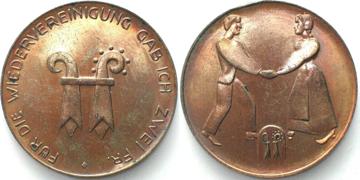 1936 BASEL 2 Francs ND (1936) Donation token for Reunification, bronze 35mm UNC