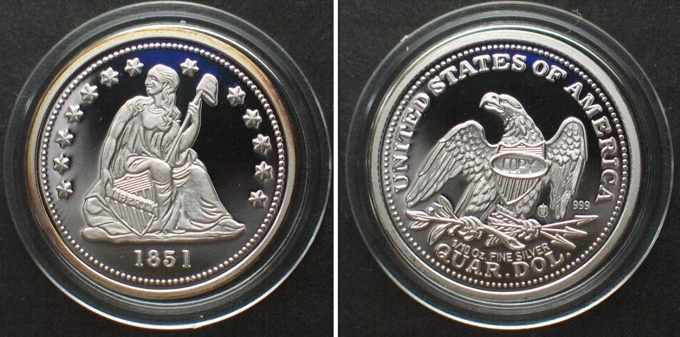 1/10 oz silver COPY US 1/4 Dollar 1851 Seated Liberty Proof