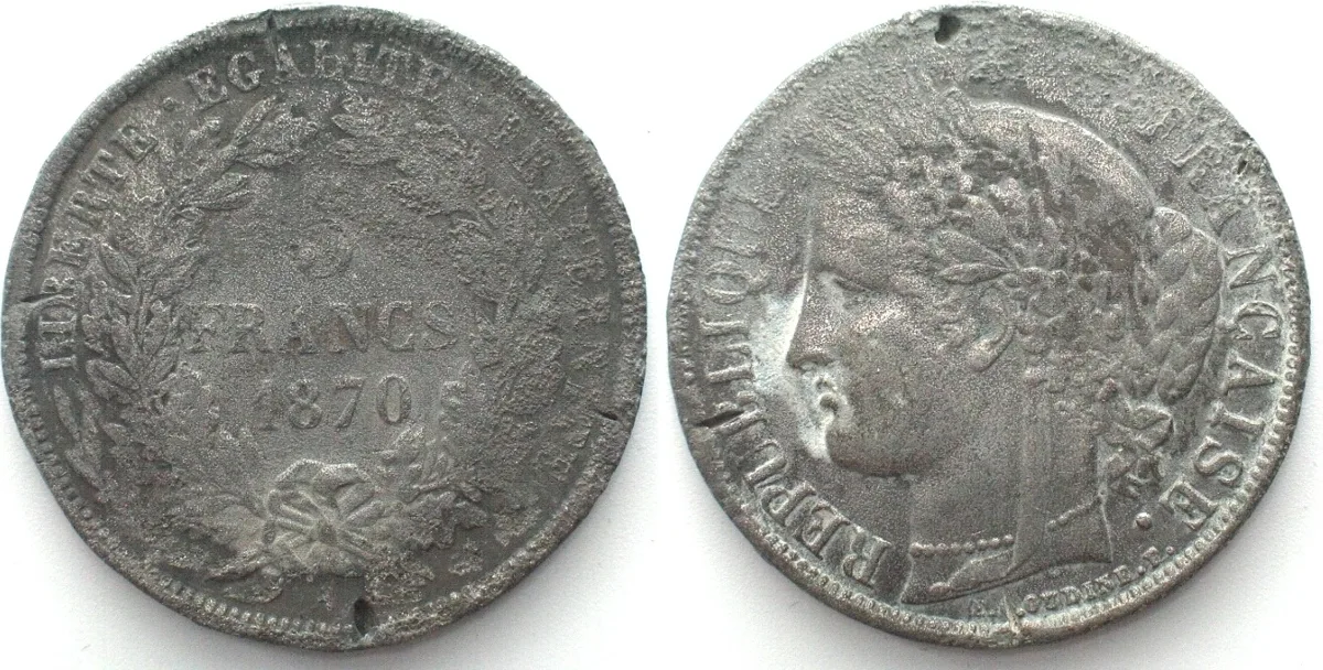 1870 FRANCE 5 Francs 1870 A, Contemporary counterfeit, lead/tin alloy EF