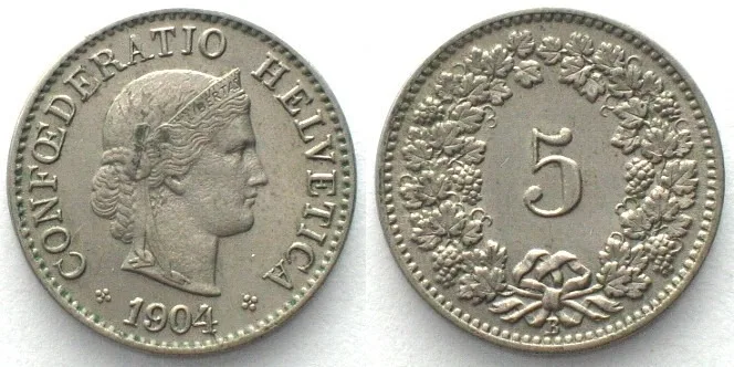 1904 SWITZERLAND 5 Rappen 1904 Cu-Ni UNC-!