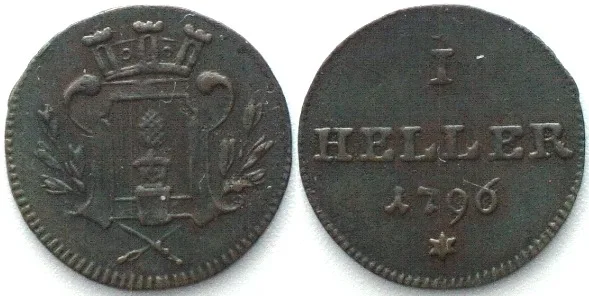 1796 German States AUGSBURG City. 1 Heller 1796 copper XF EF