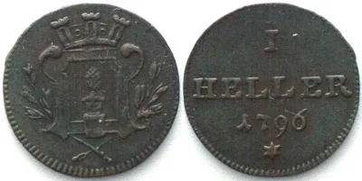 1796 German States AUGSBURG City. 1 Heller 1796 copper XF EF