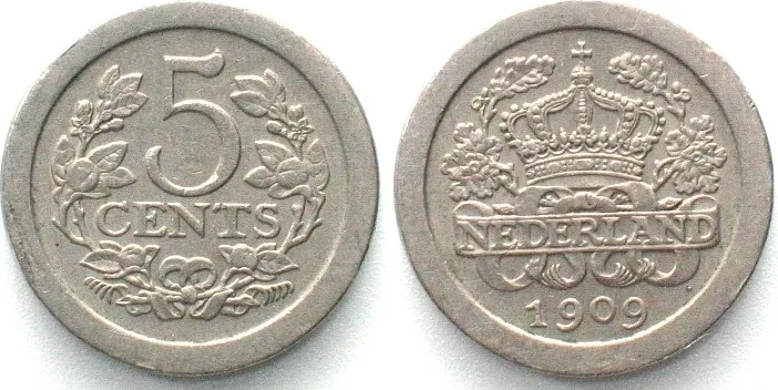 1909 NETHERLANDS 5 Cents 1909 WILHELMINA Cu-Ni KEY DATE! AU