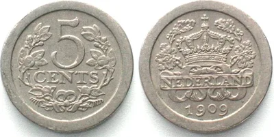 1909 NETHERLANDS 5 Cents 1909 WILHELMINA Cu-Ni KEY DATE! AU