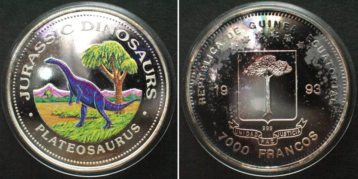 1993 EQUATORIAL GUINEA 7000 Francos 1993 Plateosaurus DINOSAURS silver COLORED Proof
