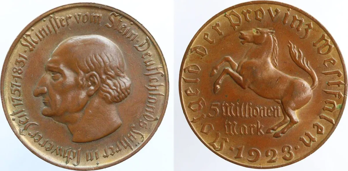 Provinz Westfalen 5 Millionen Mark 1923 Freiherr vom Stein VF
