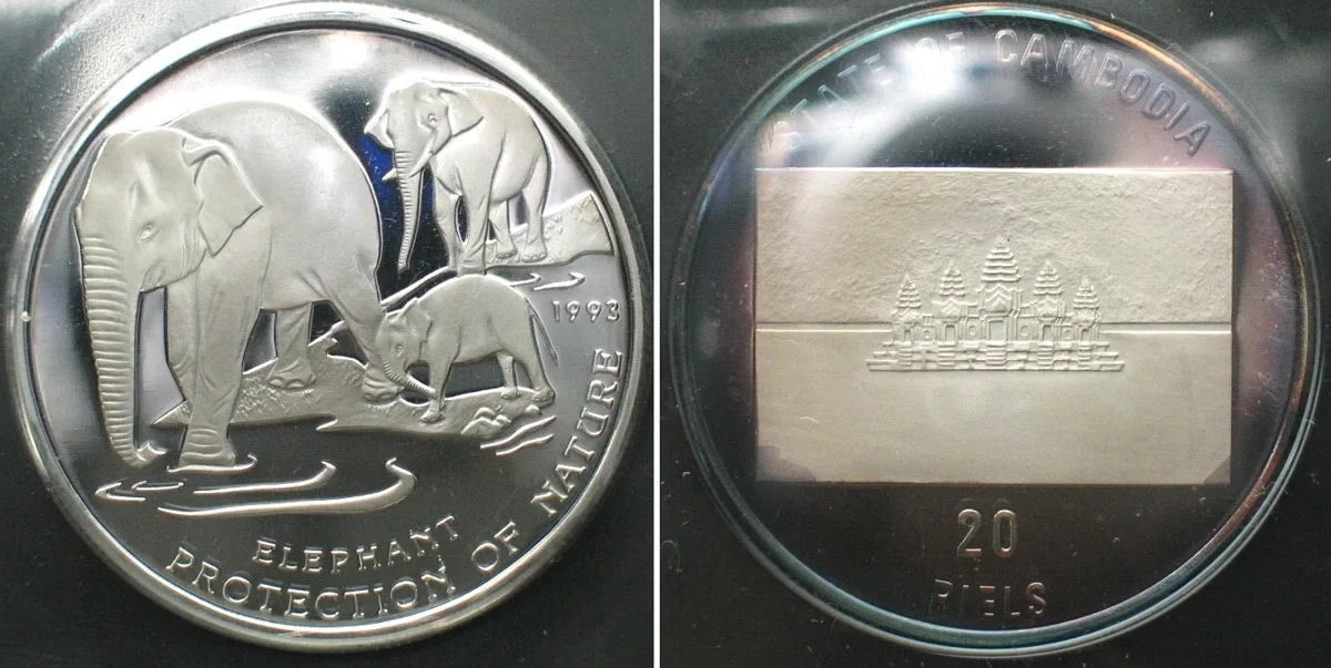 1993 CAMBODIA 20 Riels 1993 Elephant WILDLIFE PROTECTION silver Proof SCARCE! Proof