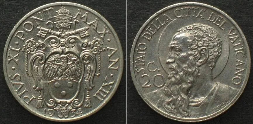 1934 VATICAN 20 Centesimi 1934, PIUS XI, nickel UNC-!