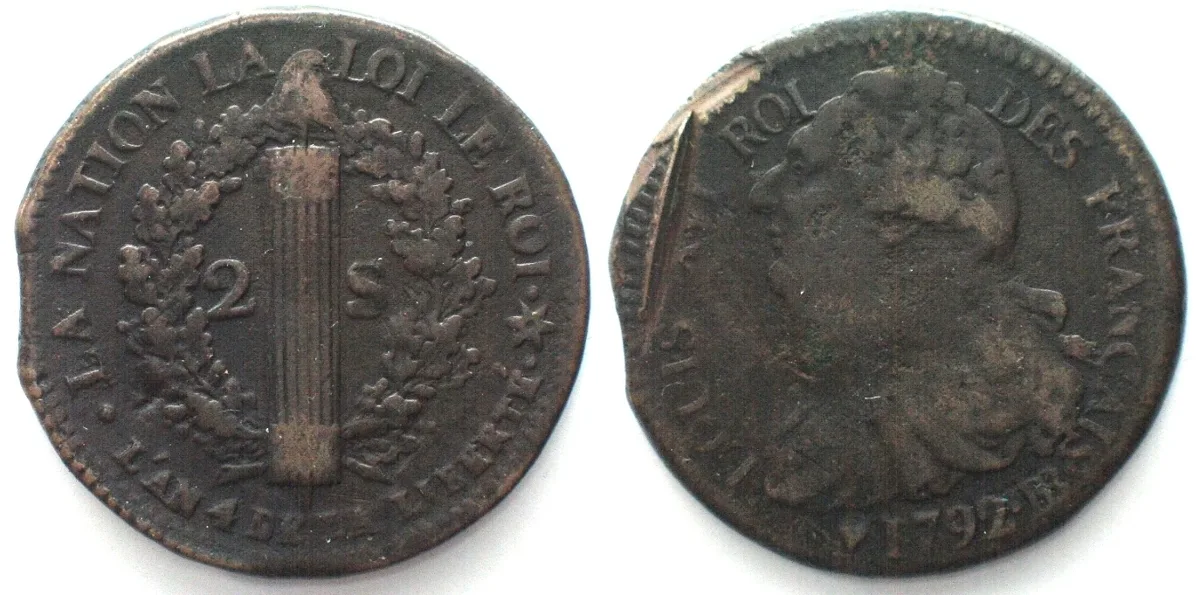 1792 CONSTITUTION 2 Sols 1792 AN 4 BB Strasbourg LOUIS XVI FRANCAIS bronze XF! EF
