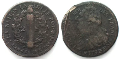1792 CONSTITUTION 2 Sols 1792 AN 4 BB Strasbourg LOUIS XVI FRANCAIS bronze XF! EF