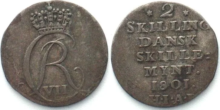 1801 DENMARK 2 Skilling 1801 HIAB, CHRISTIAN VII, silver VF+