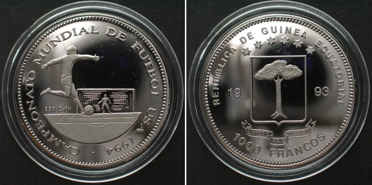 1993 EQUATORIAL GUINEA - PATTERN 1000 Francs 1993 SOCCER WORLD CUP Cu-Ni SCARCE! Proof