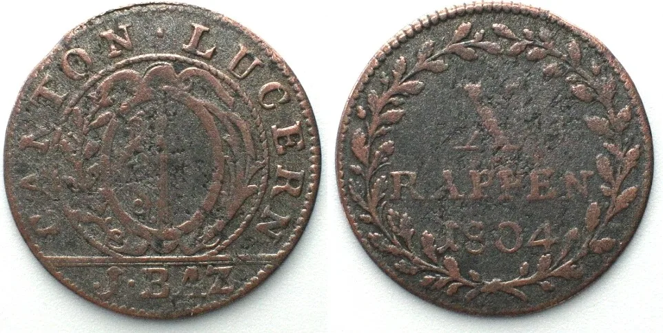 1804 Swiss Cantons LUZERN Batzen 1804 billon SCARCE DATE! VF