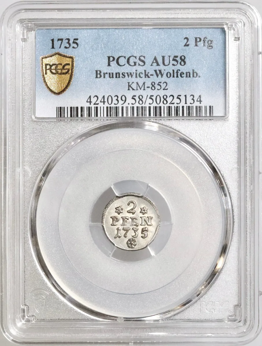 Brunswick-Wolfenbuttel: Ferdinand Albrecht II (1735), silver 2 pfennig, 1735 CE. Horse leaping left / Value and date. PCGS AU58.