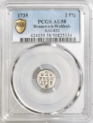 Brunswick-Wolfenbuttel: Ferdinand Albrecht II (1735), silver 2 pfennig, 1735 CE. Horse leaping left / Value and date. PCGS AU58.