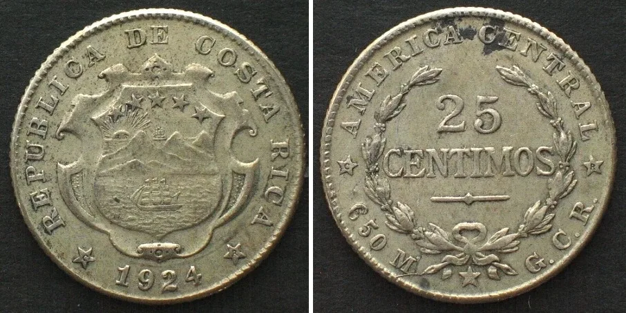 1924 COSTA RICA. 25 Centavos 1924, silver, XF