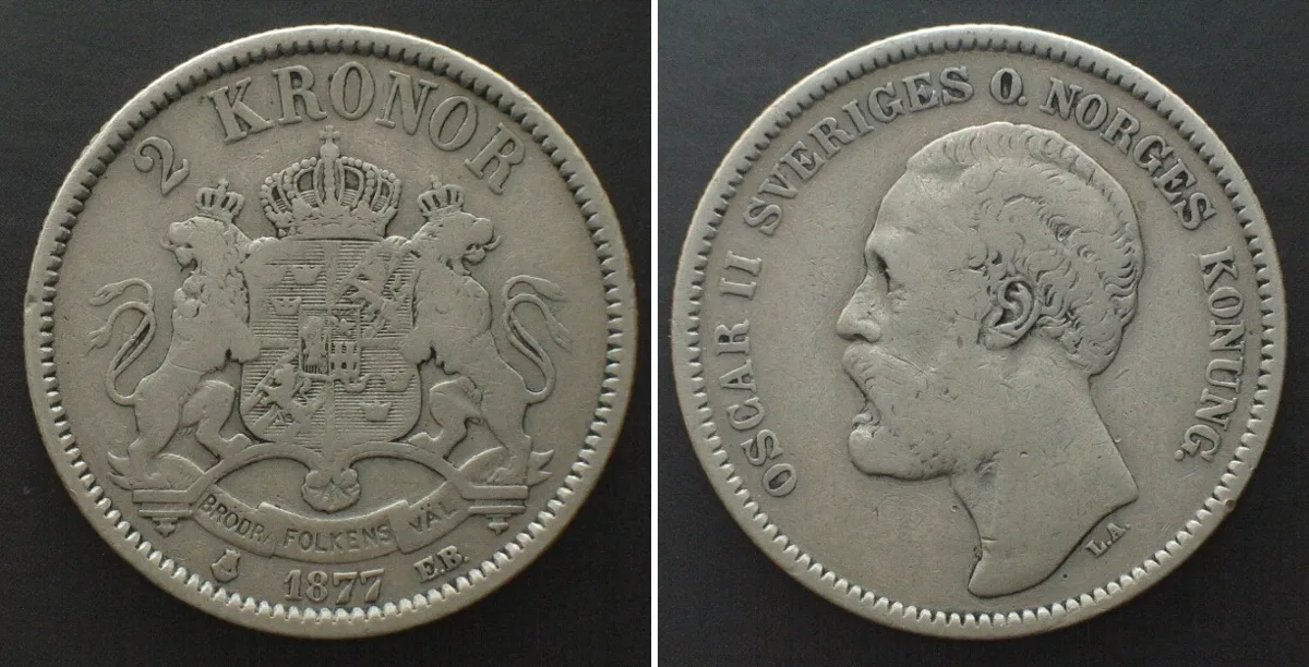 1877 SWEDEN 2 Kronor 1877 EB OSCAR II silver VF